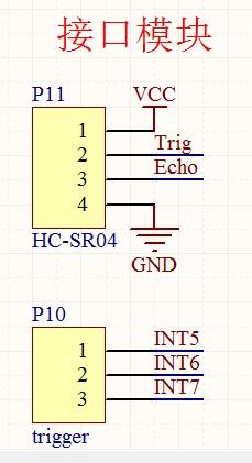 接口模块包含一个常见 hc-sr04 超声波探测模块接口和三个触须接口.