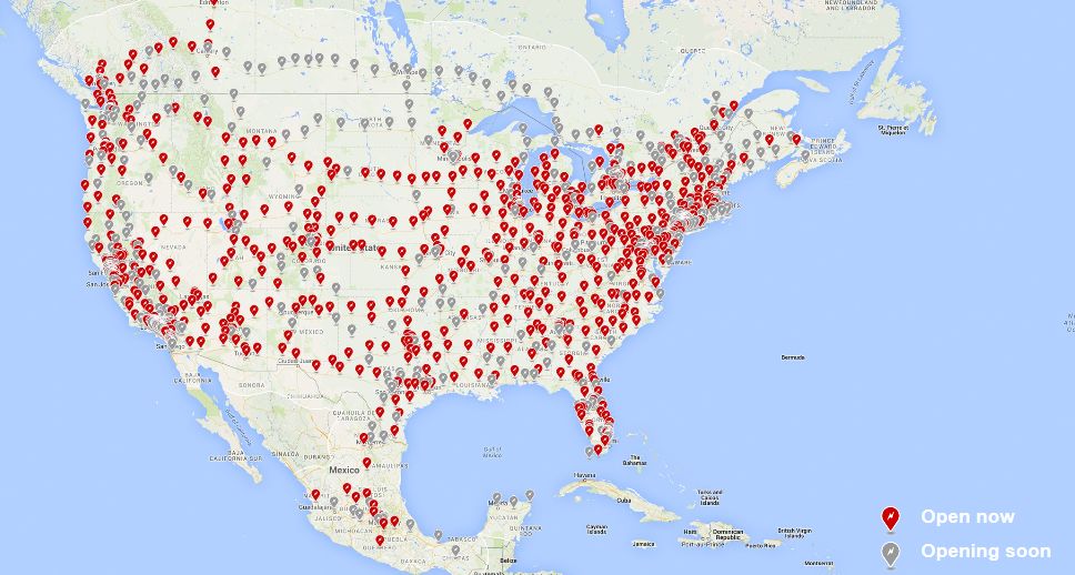 特斯拉在美国的超级充电站分布图