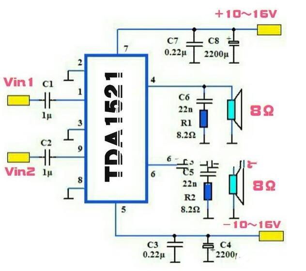 有源音箱电路图 tda1521是一款双声道高保真功放ic,其工作电压范围宽