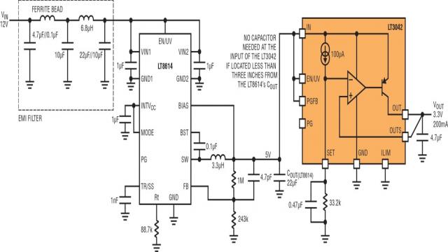 图 10：LT3042 对 LT8614 Silent Switcher 稳压器进行后置稳压