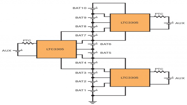 图 3：可把多个 LTC3305 器件堆叠起来以平衡四个以上串接式电池