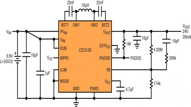 图 4：具 200mA ILIM 以限制电池电压下降的电池供电型 24V 转换器