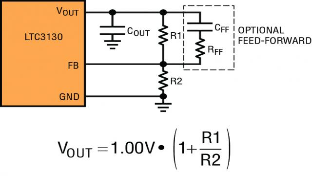 图 2：LTC3130 的 VOUT 反馈分压器方程和原理图