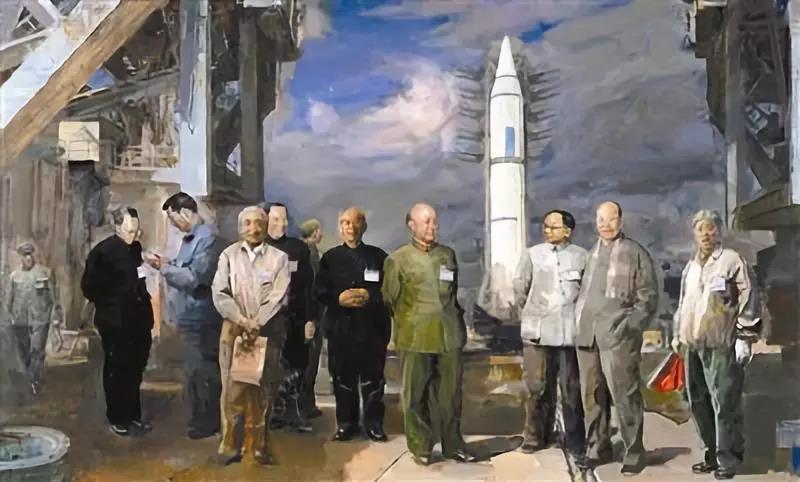 图丨油画《光荣岁月》描绘了"两弹元勋"们在导弹发射场等待发射的