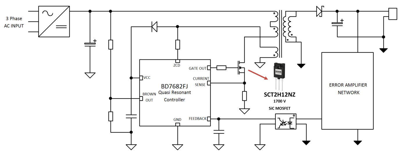 使用了 bd768xfj 控制 ic 和 1700v 耐壓 sic-mosfet 的輔助電源電路